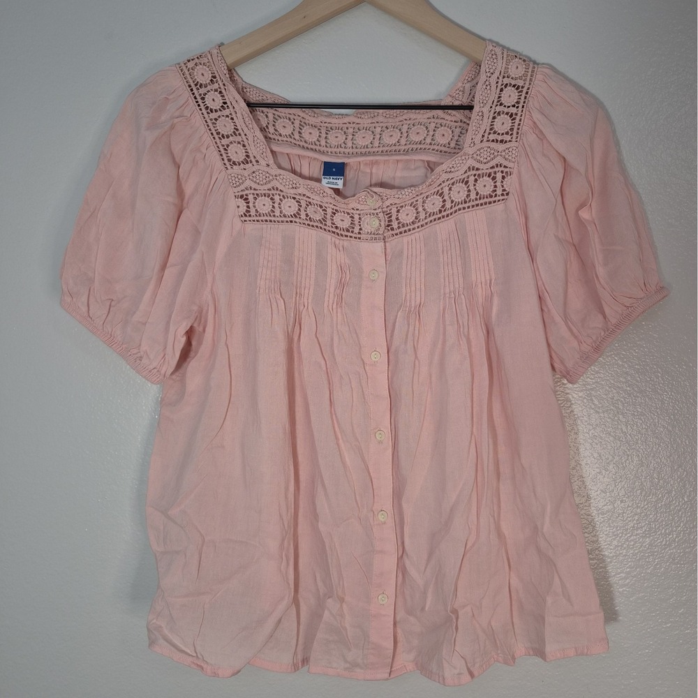 Old Navy Peasant Coral Embroidered Short Sleeve Tunic Top Boho Cabincore Size S